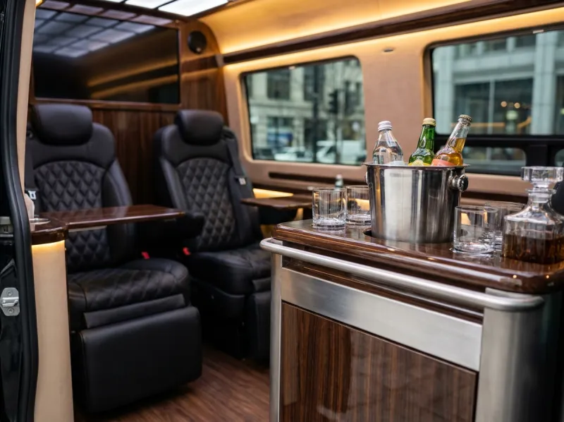 Sprinter interior — bar console with chilled beverage service and individual lounge seats