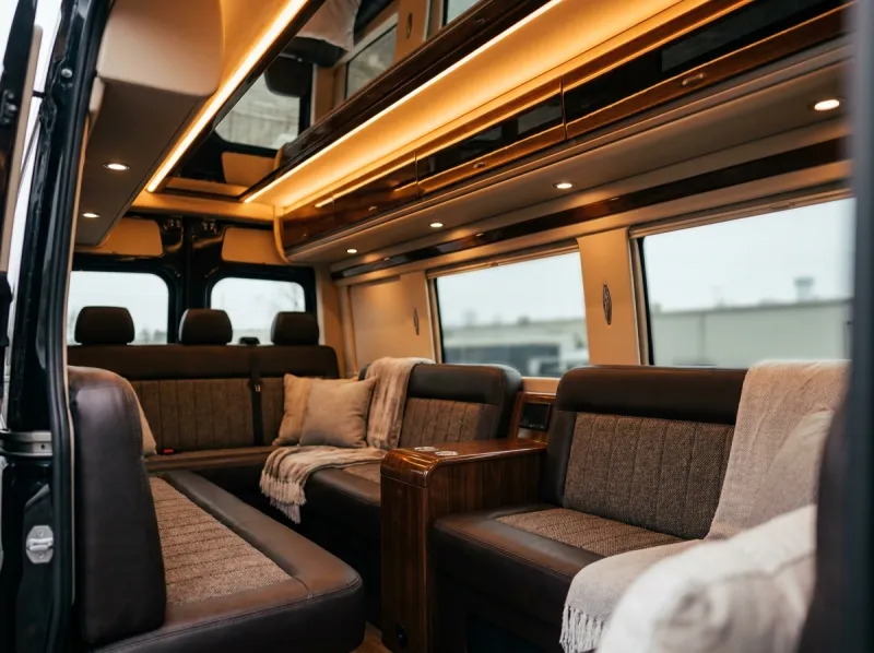 Sprinter interior — bench seating with mirrored ceiling and ambient lighting
