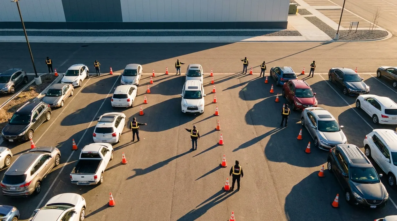 Illustration: Overhead view of a parking lot with orange cone lanes and attendants directing cars into rows