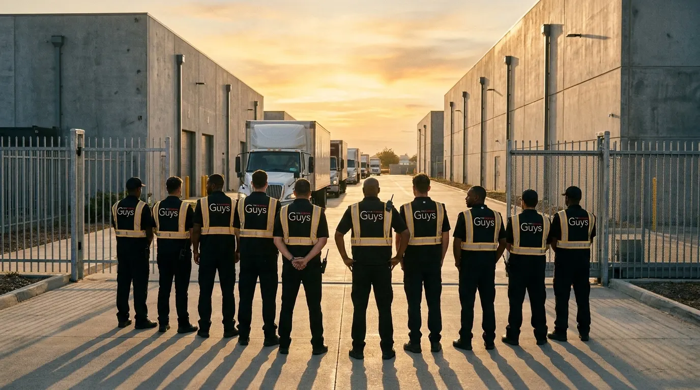 Illustration: A line of Parking Guys crew members in black and gold vests standing at a gated entry at sunset